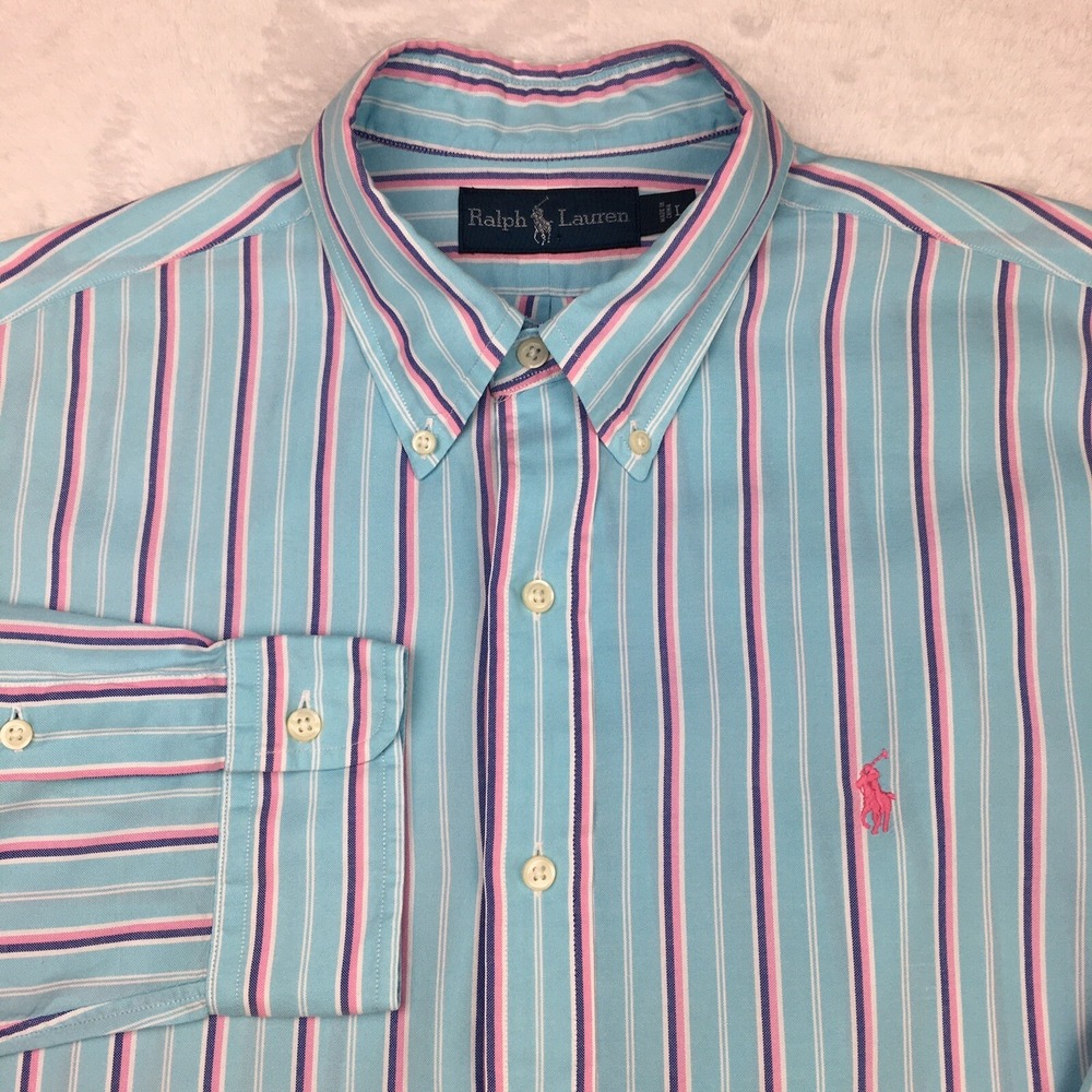 Ralph Lauren Shirt Mens Large Blue w/Pink Stripes Lightweight Long Sleeves
